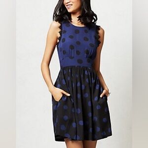 Anthropologie 6 Corey Lynn Calter Dress Blue Black Split‎ Polka Dot Dress